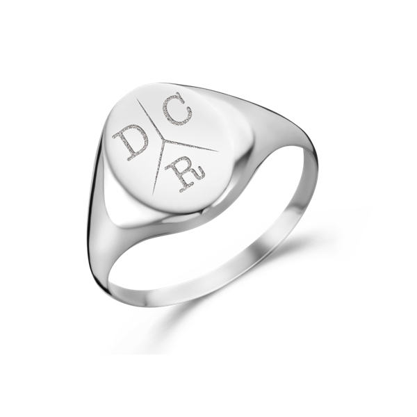 Oval silver signet ring with three initial