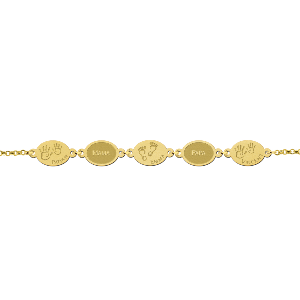 Golden personalized bracelet with names and baby feet