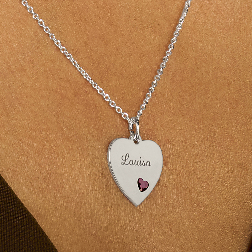 Silver Heart Engraved Necklace With heart stone