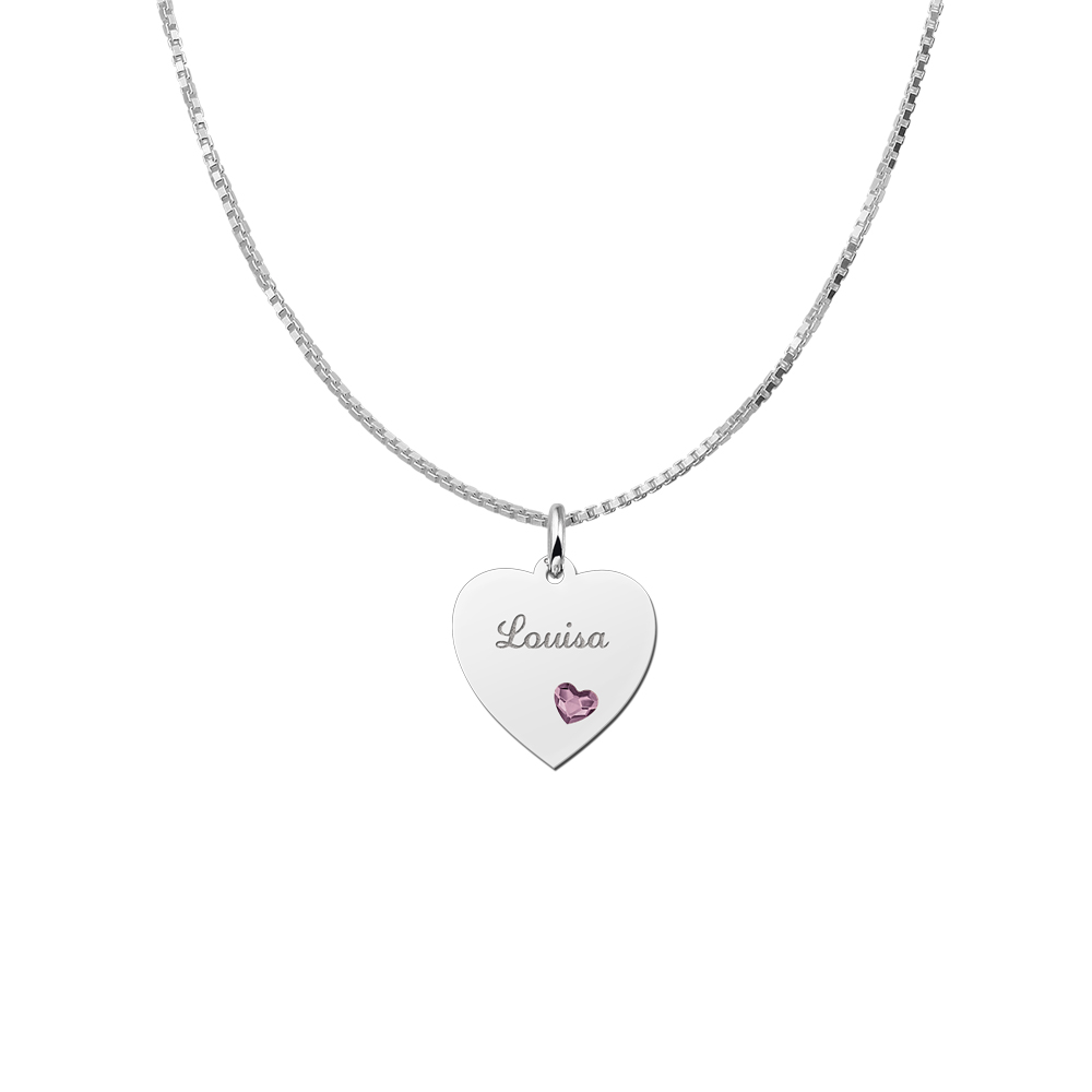 Silver Heart Engraved Necklace With heart stone