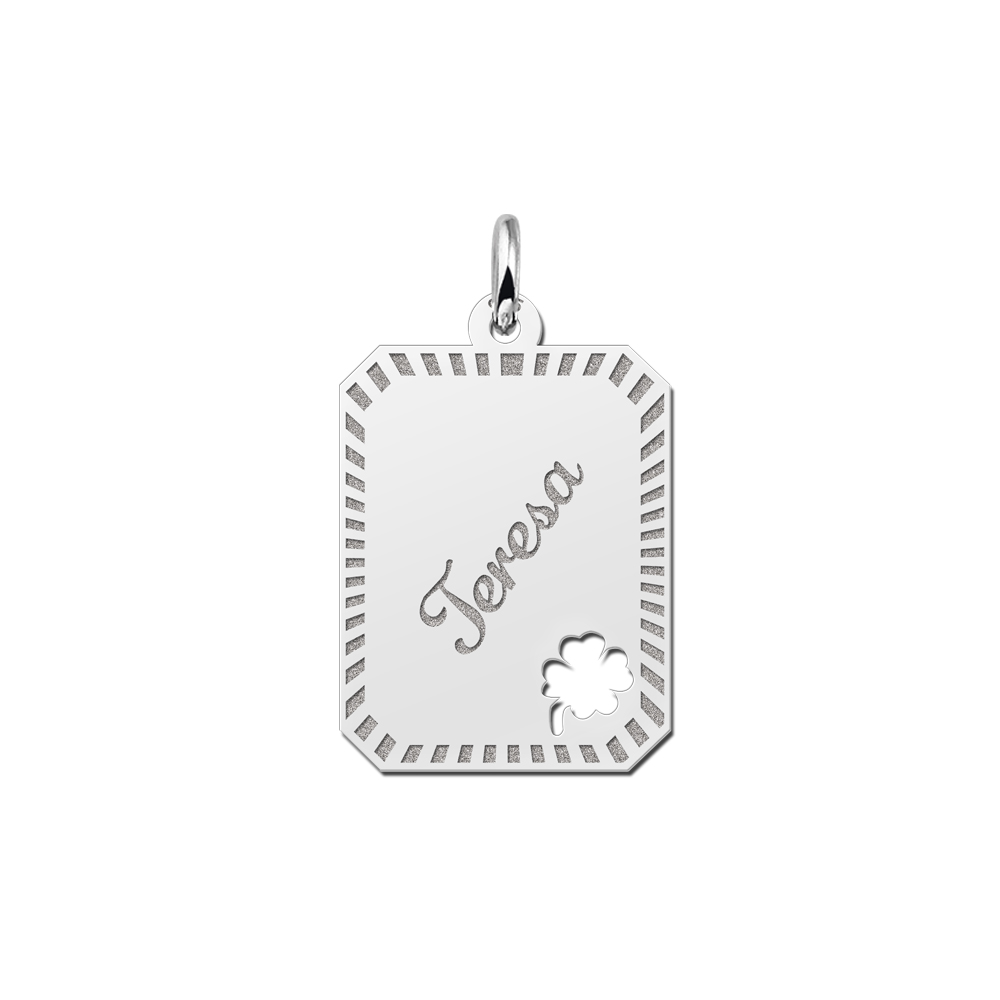 Silver engraved rectangle16 nametag design 4leafclover