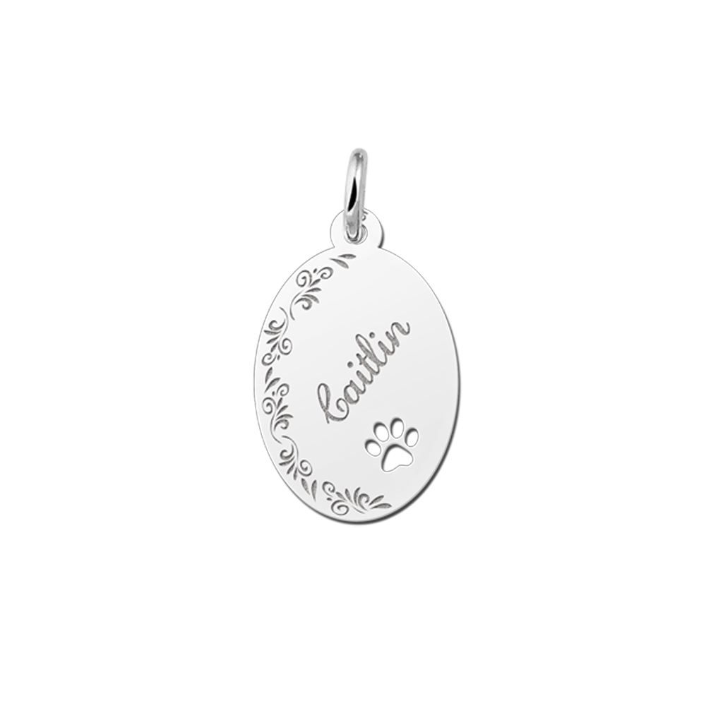 Engraved Silver Oval Pendant with Flowerborder and Dog Paw