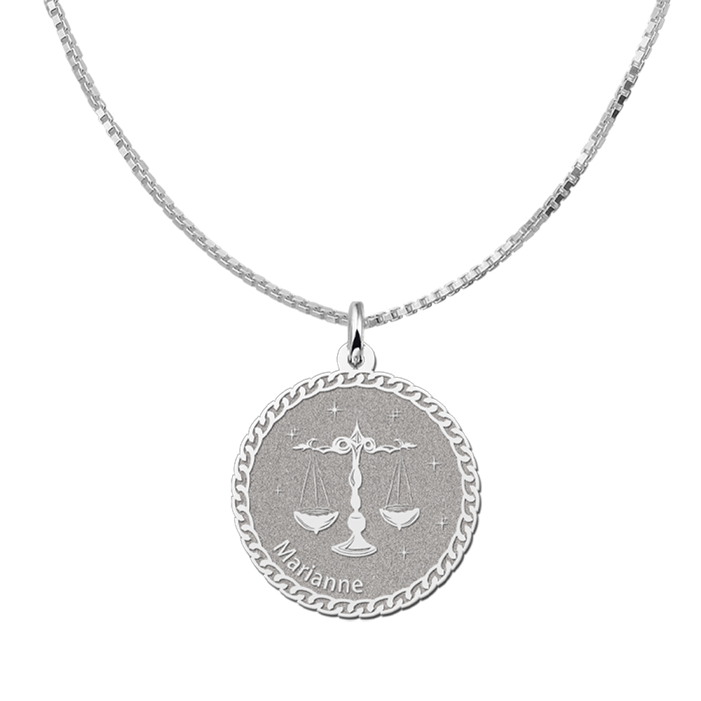 Silver Round Zodiac Pendant Libra with Name Engraving