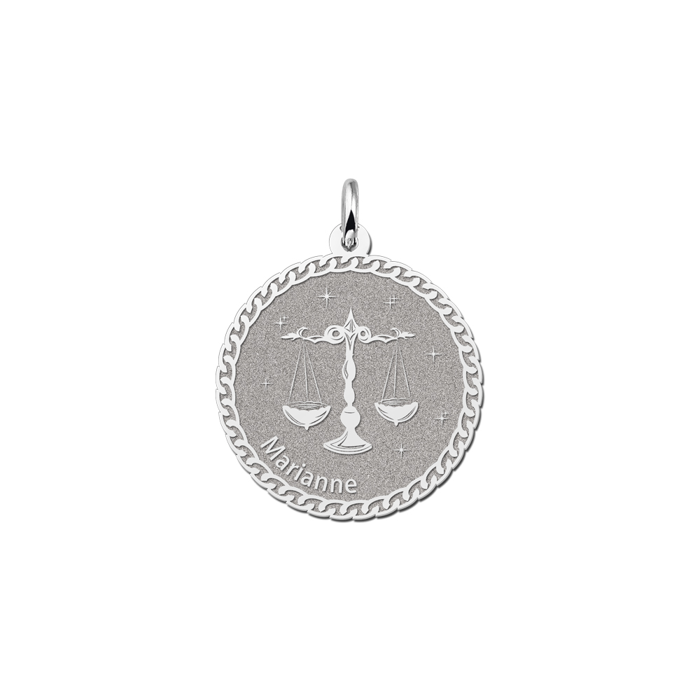 Silver Round Zodiac Pendant Libra with Name Engraving