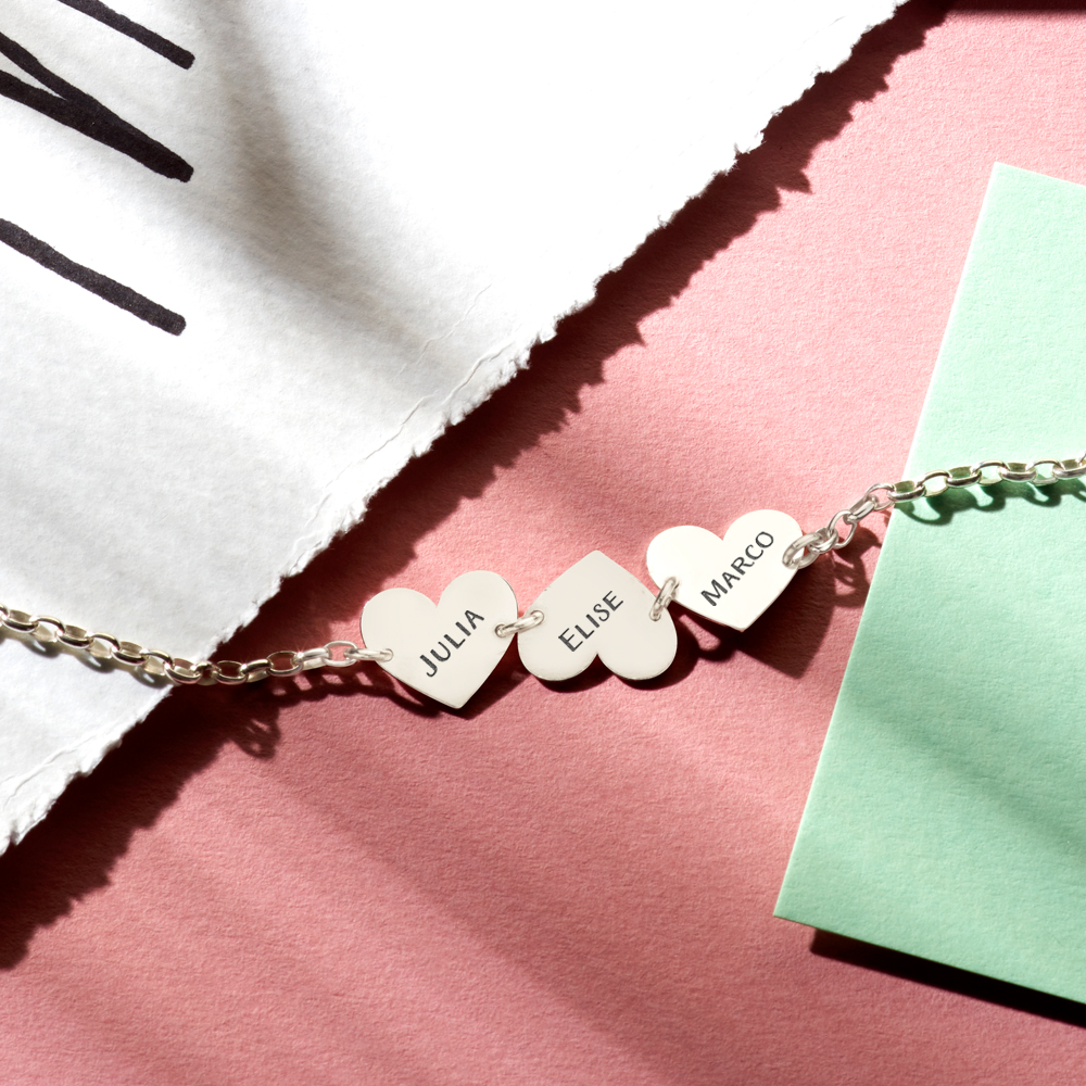 Silver name bracelet with 3 hearts