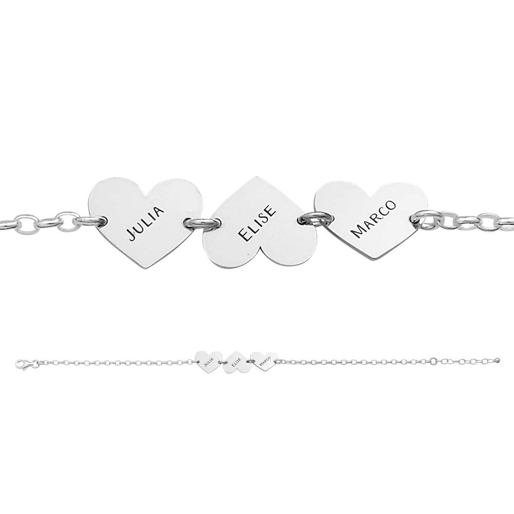 Silver name bracelet with 3 hearts