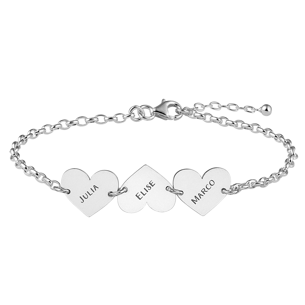 Silver name bracelet with 3 hearts