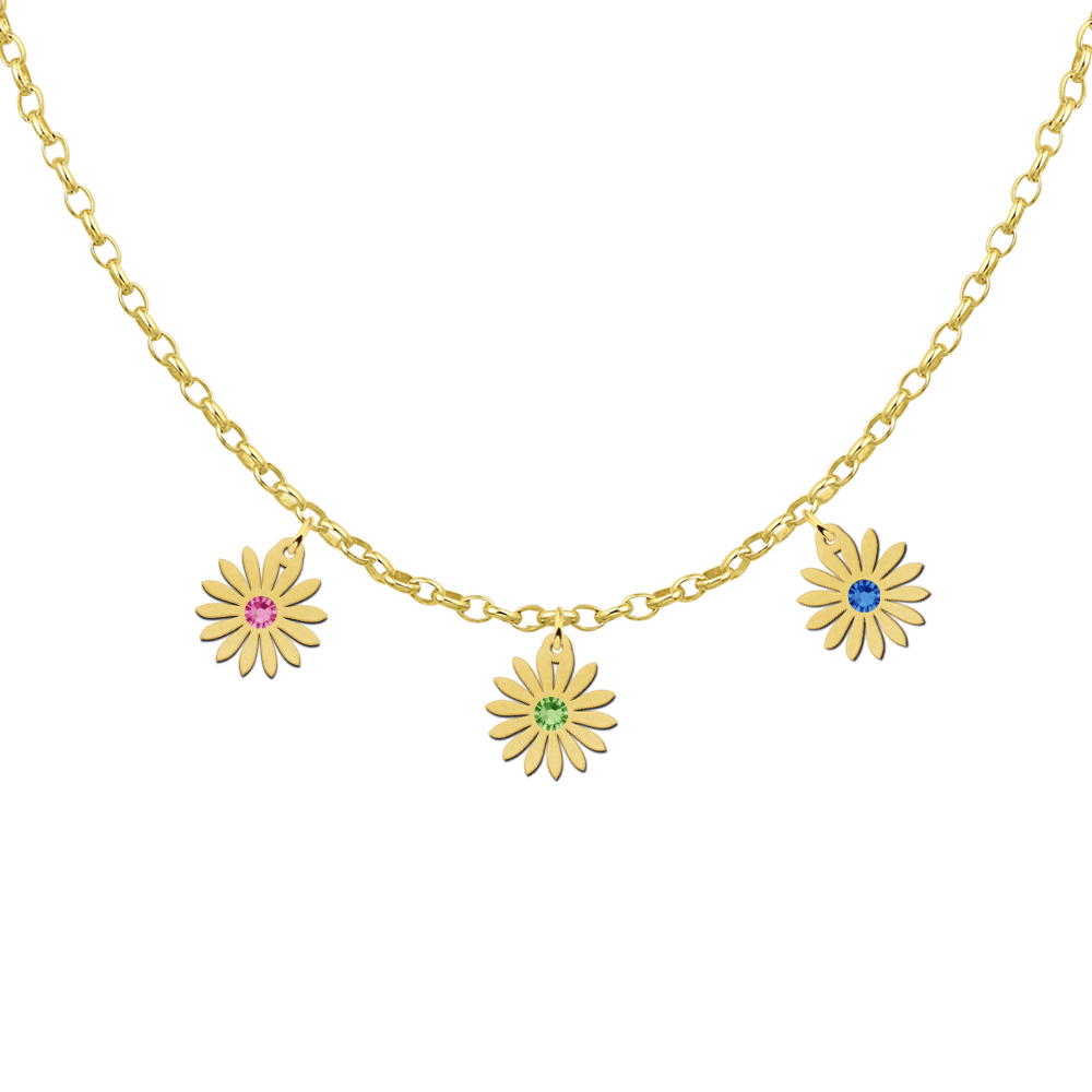 Gold necklace three daisies with birthstones