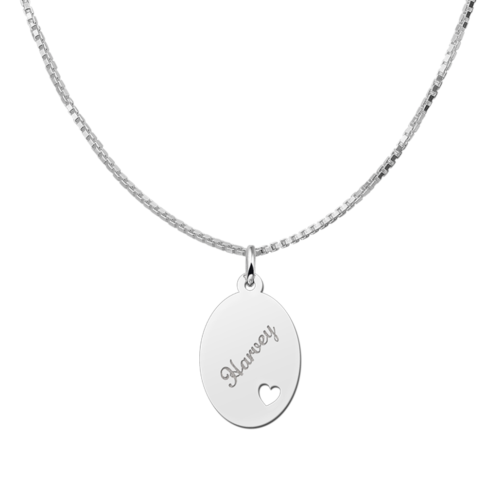 Silver Oval Necklace with Name and Small Heart