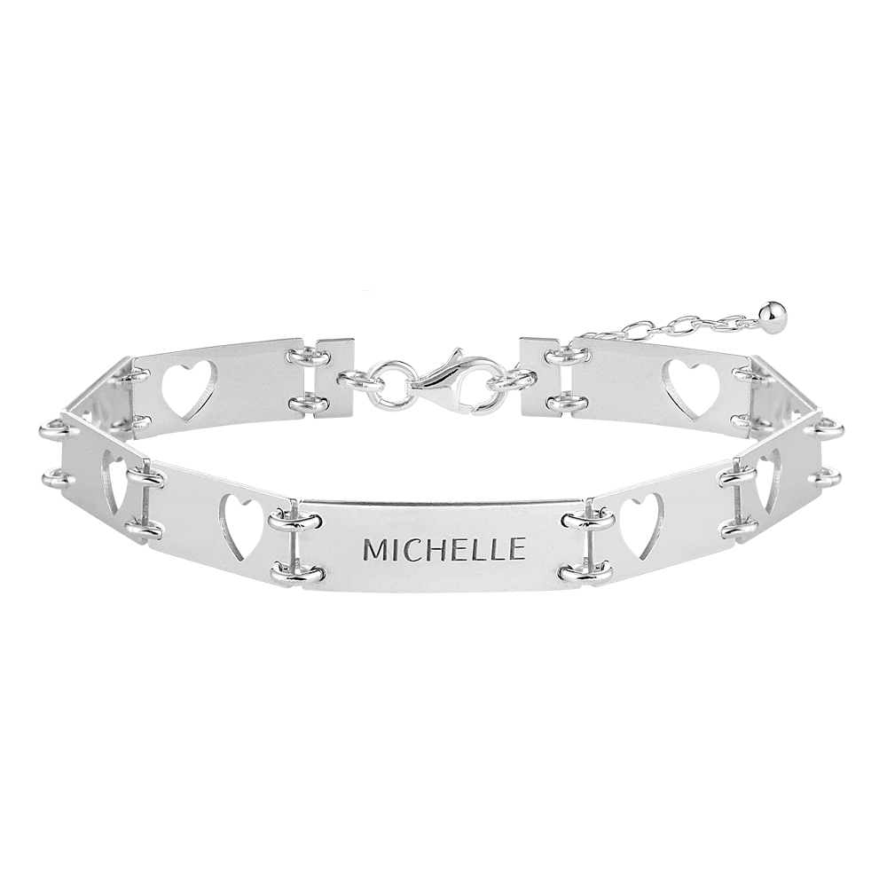Silver bracelet with one name and cut out hearts