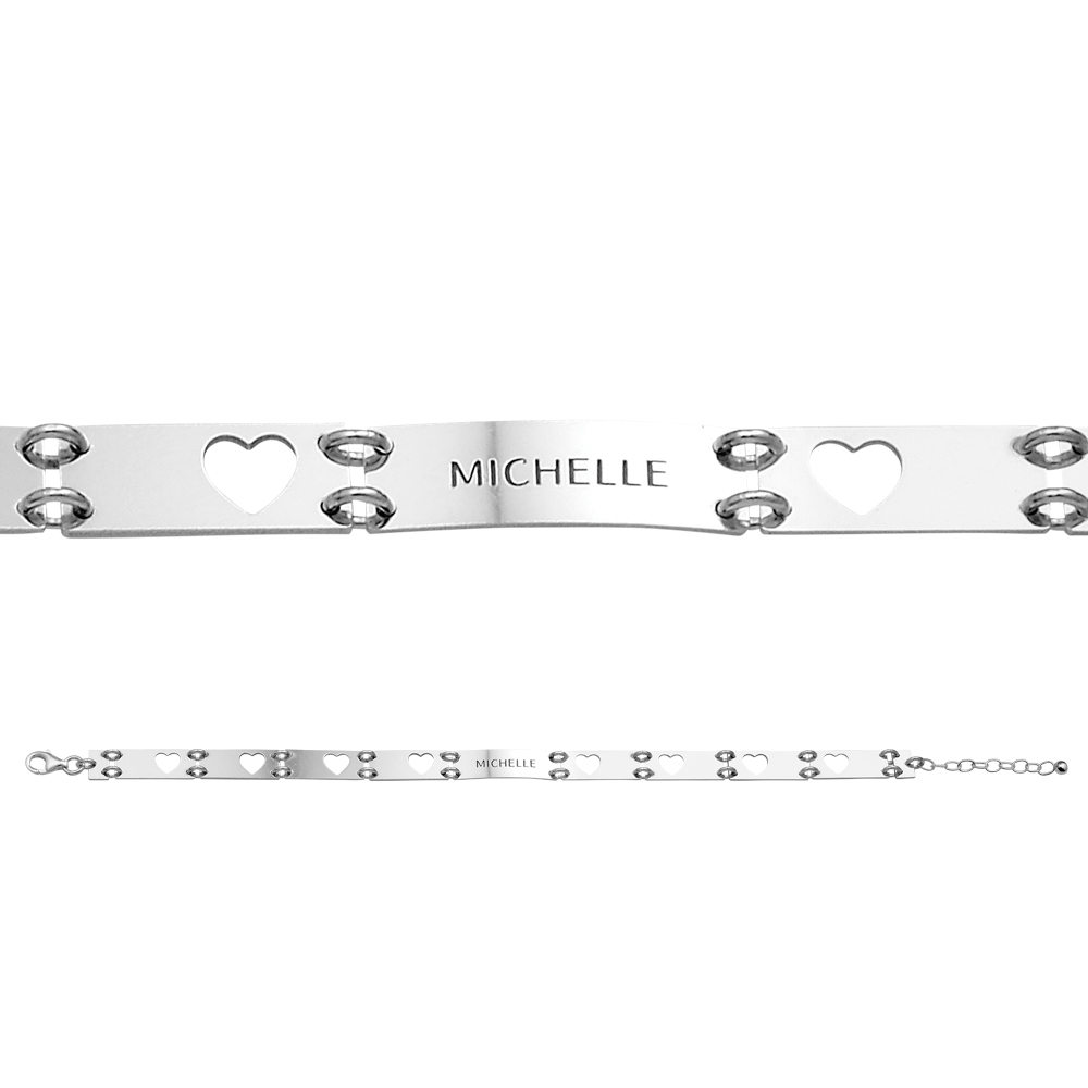 Silver bracelet with one name and cut out hearts