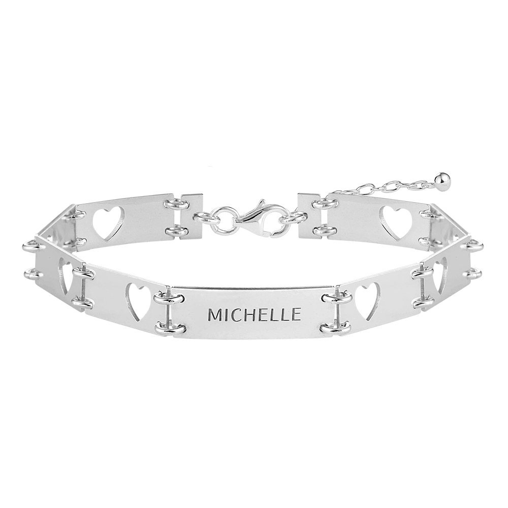 Silver bracelet with one name and cut out hearts
