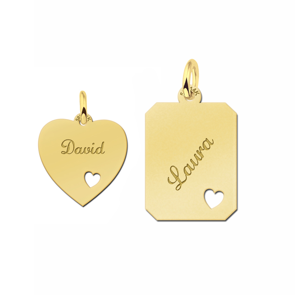 Gold pendant set with personalised engraving – Heart & Plate – 14ct