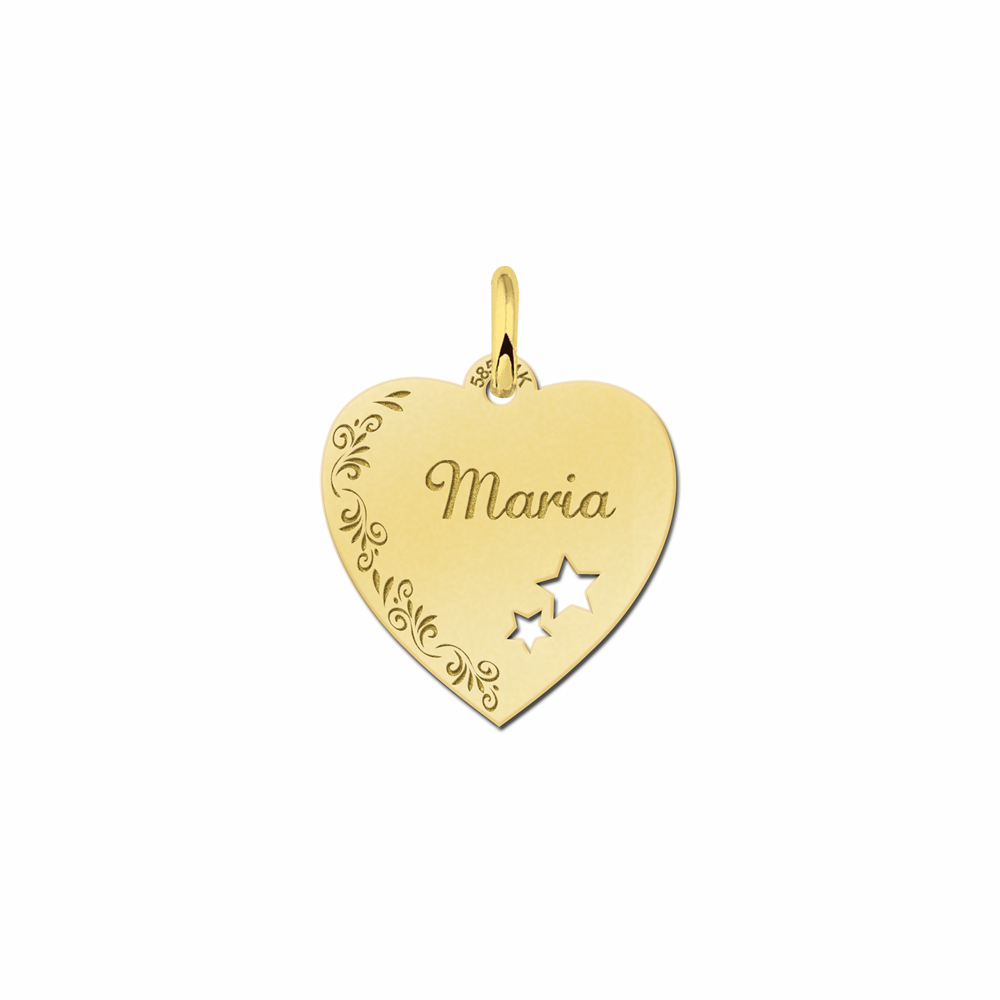 Gold Heart Nametag with Flowers and Stars