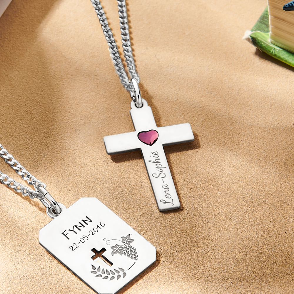 Silver Communion cross with heart zirconia and engraving