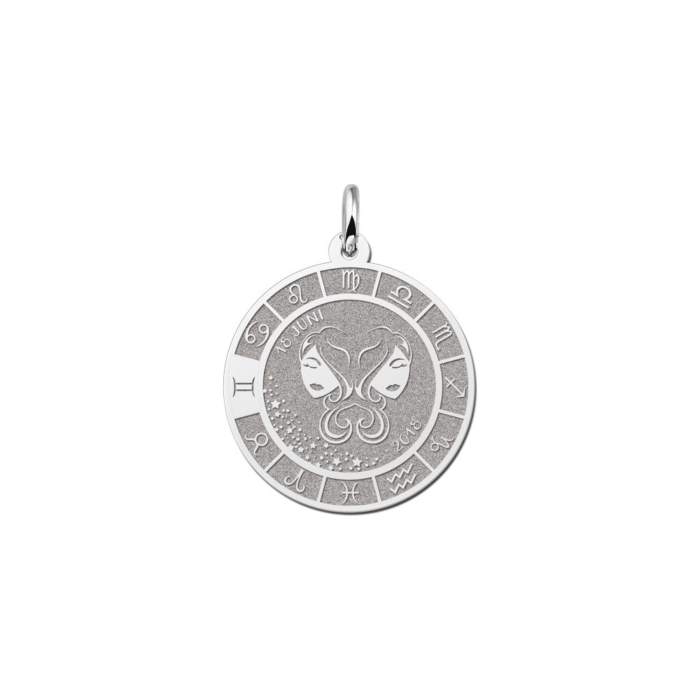 Silver Round Zodiac Pendant Gemini with Name Engraving