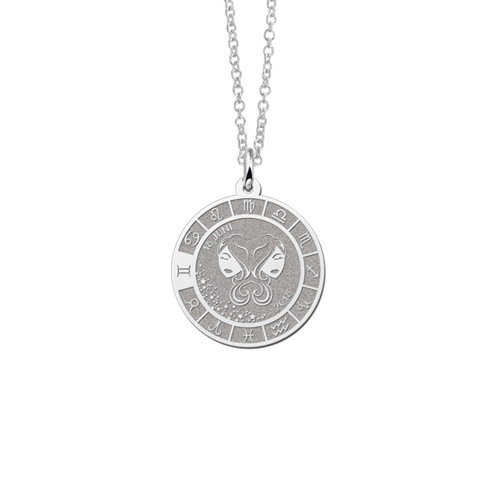 Silver Round Zodiac Pendant Gemini with Name Engraving