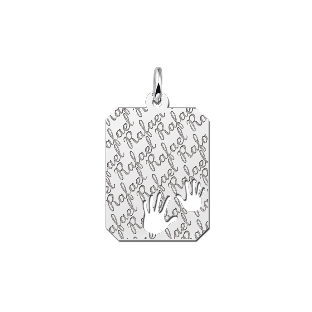 Silver rectangle16 nametag repeat engraving hands