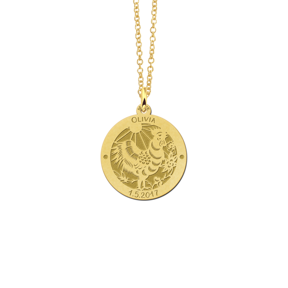 Gold round chinese zodiac pendant cock