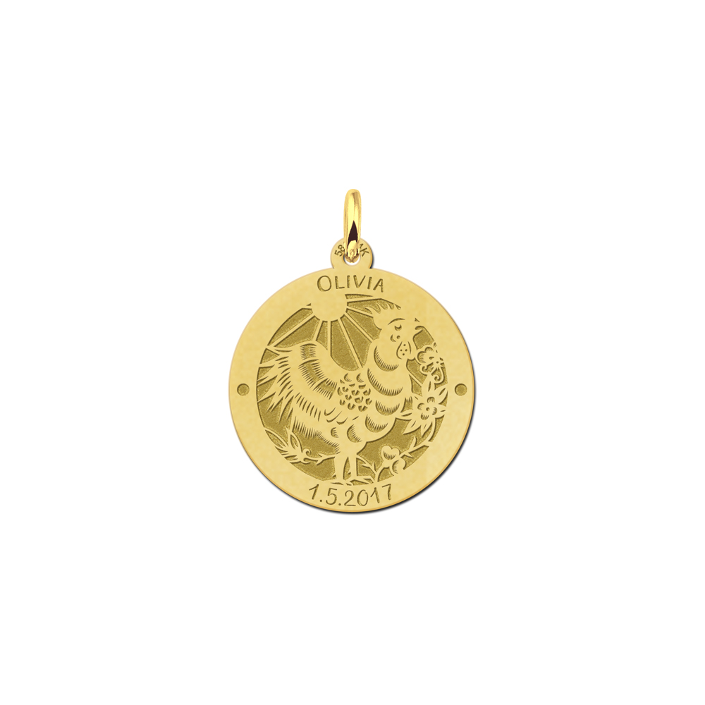 Gold round chinese zodiac pendant cock