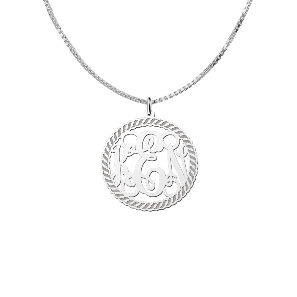 Silver Monogram Necklace with Engraved Border, Large