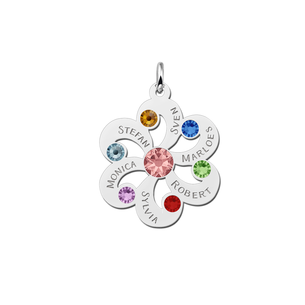 Silver flower pendant with birthstones