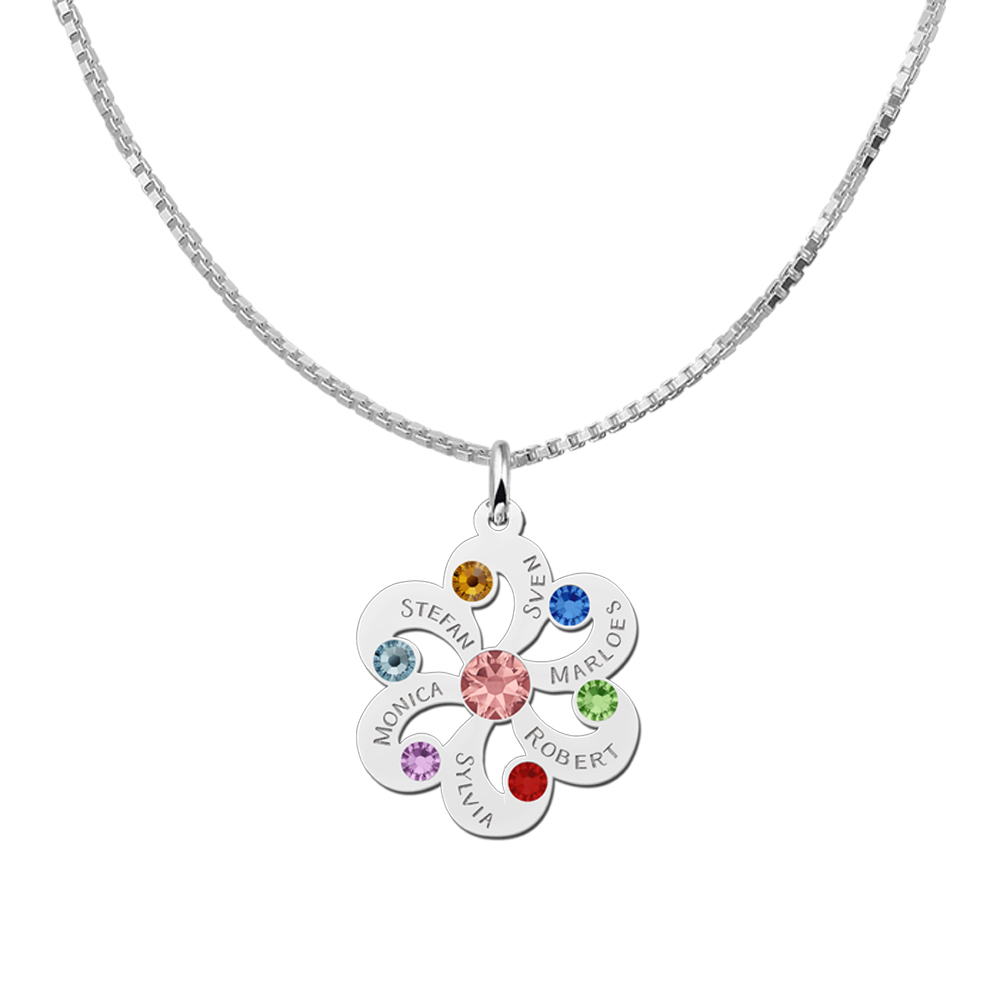 Silver flower pendant with birthstones