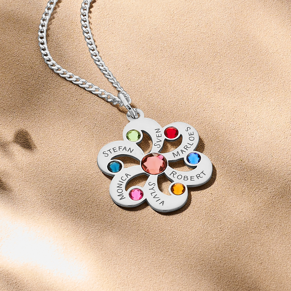 Silver flower pendant with birthstones
