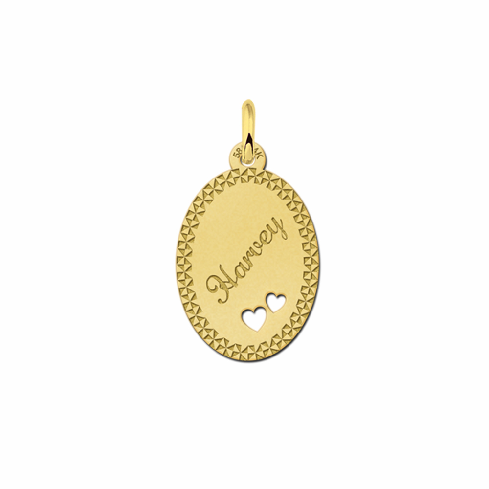 14ct Golden Oval Necklace with Name, Border and Two Hearts