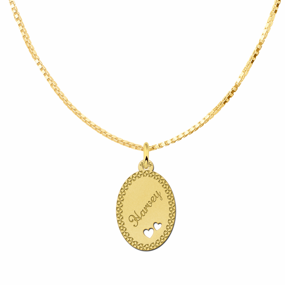 14ct Golden Oval Necklace with Name, Border and Two Hearts