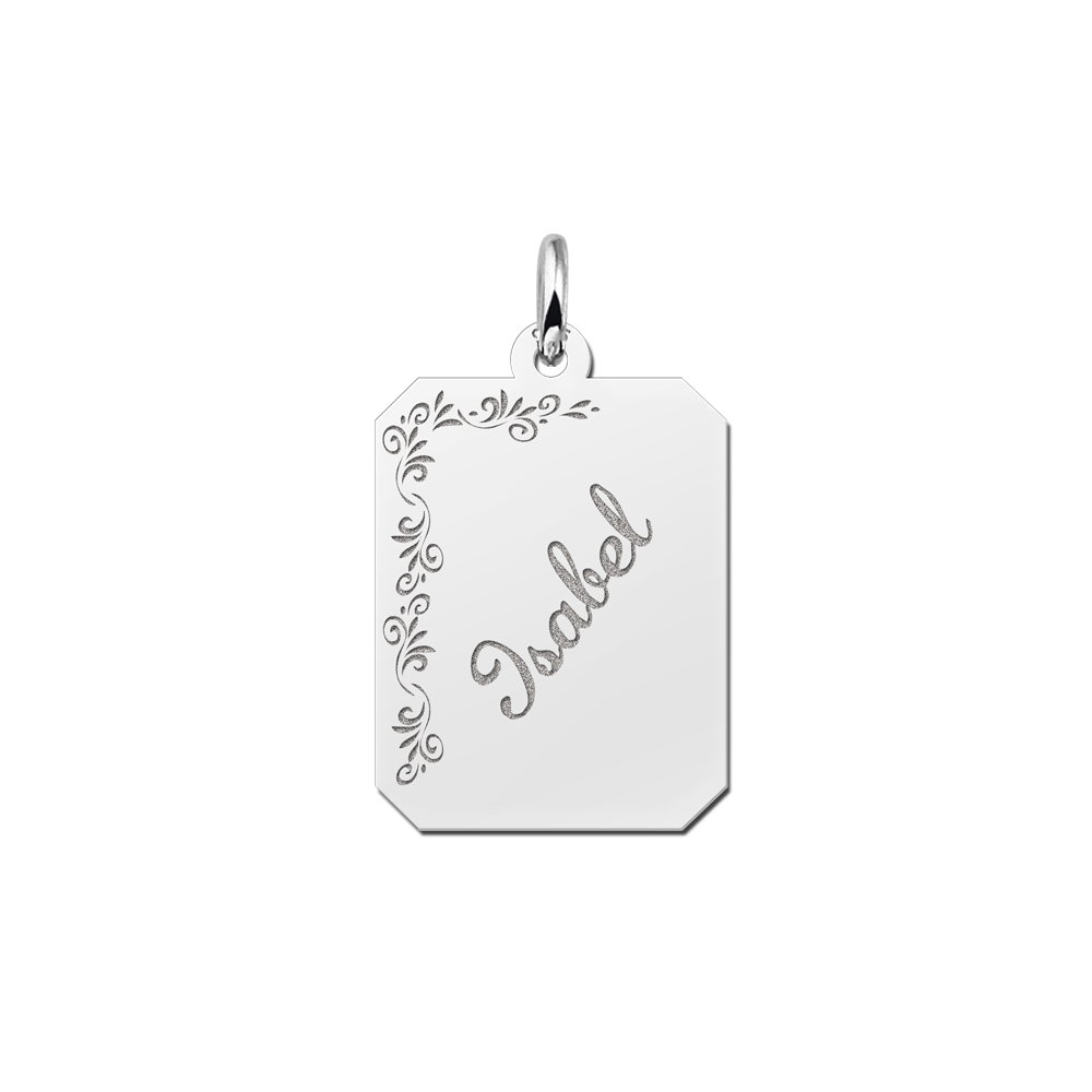 Silver engraved rectangle16 nametag flower design