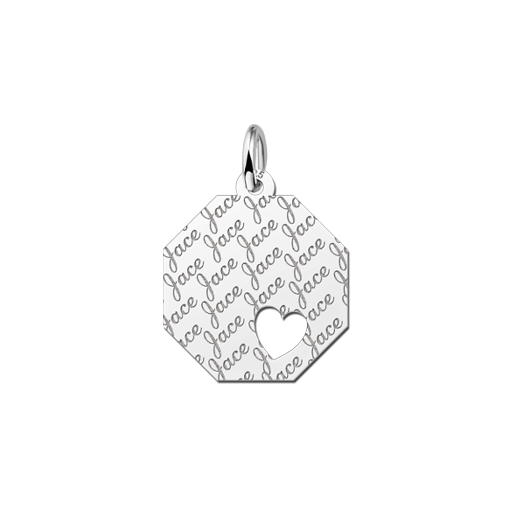 Silver octagonal pendant with repeated name pattern and heart