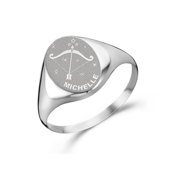 Silver signet ring oval with horoscope and name engraving