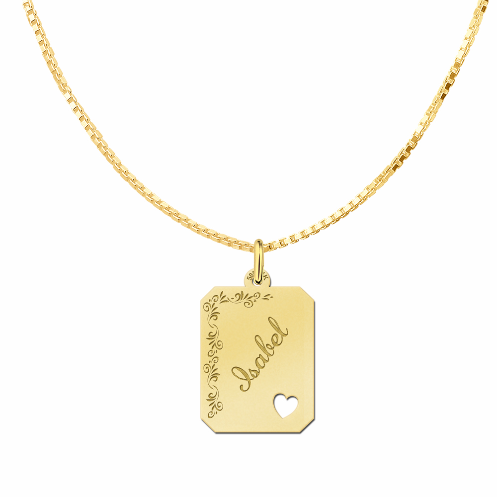 gold engraved rectangle16 nametag flower design heart