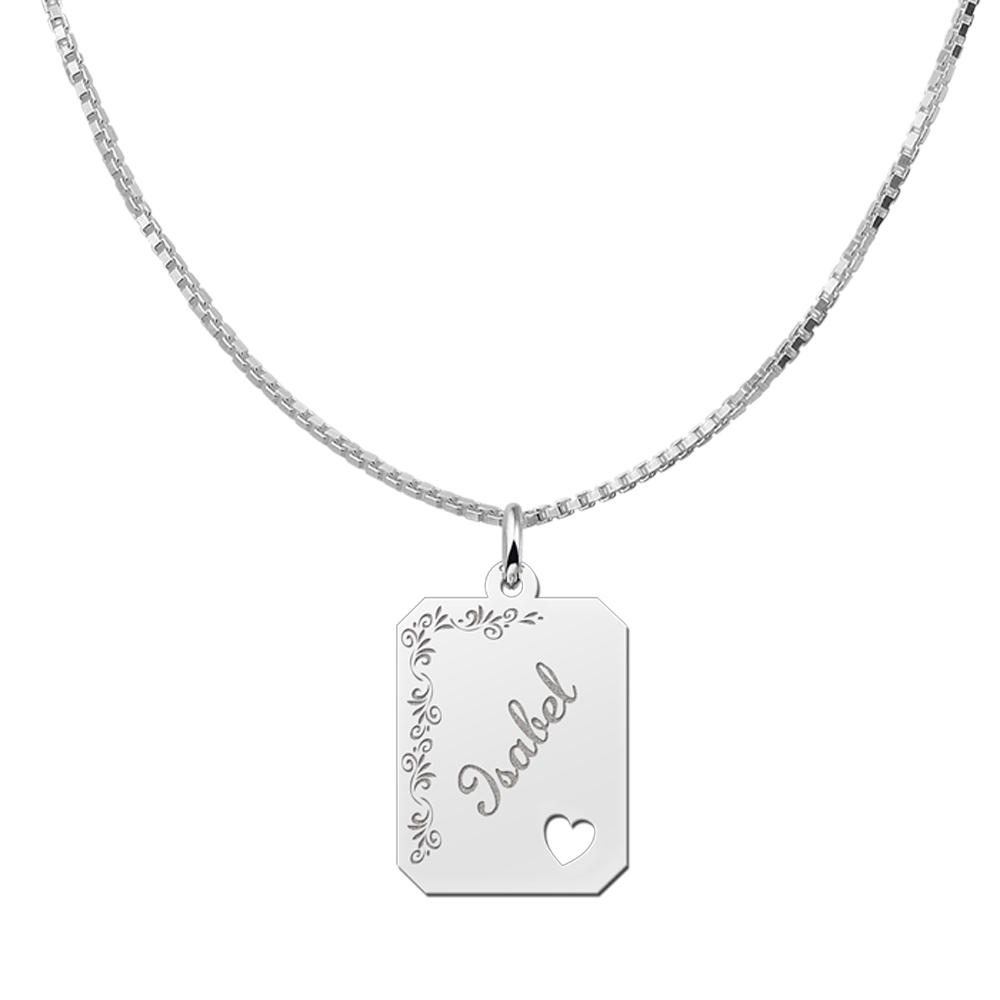 Silver engraved rectangle16 nametag flower design heart