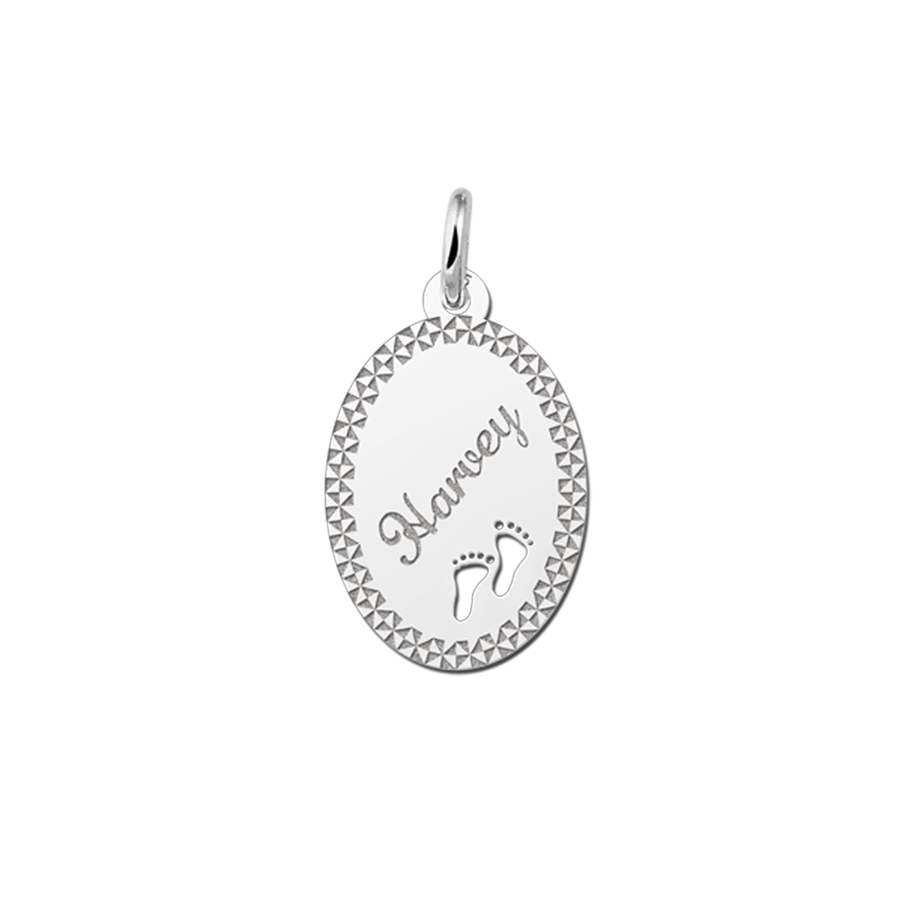 Silver Oval Necklace with Name, Border and Babyfeet