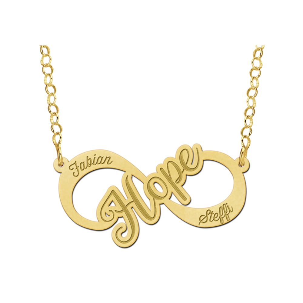Gold infinity necklace with Hope design and names