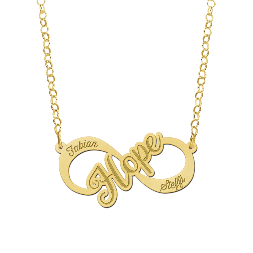 Gold infinity necklace with Hope design and names