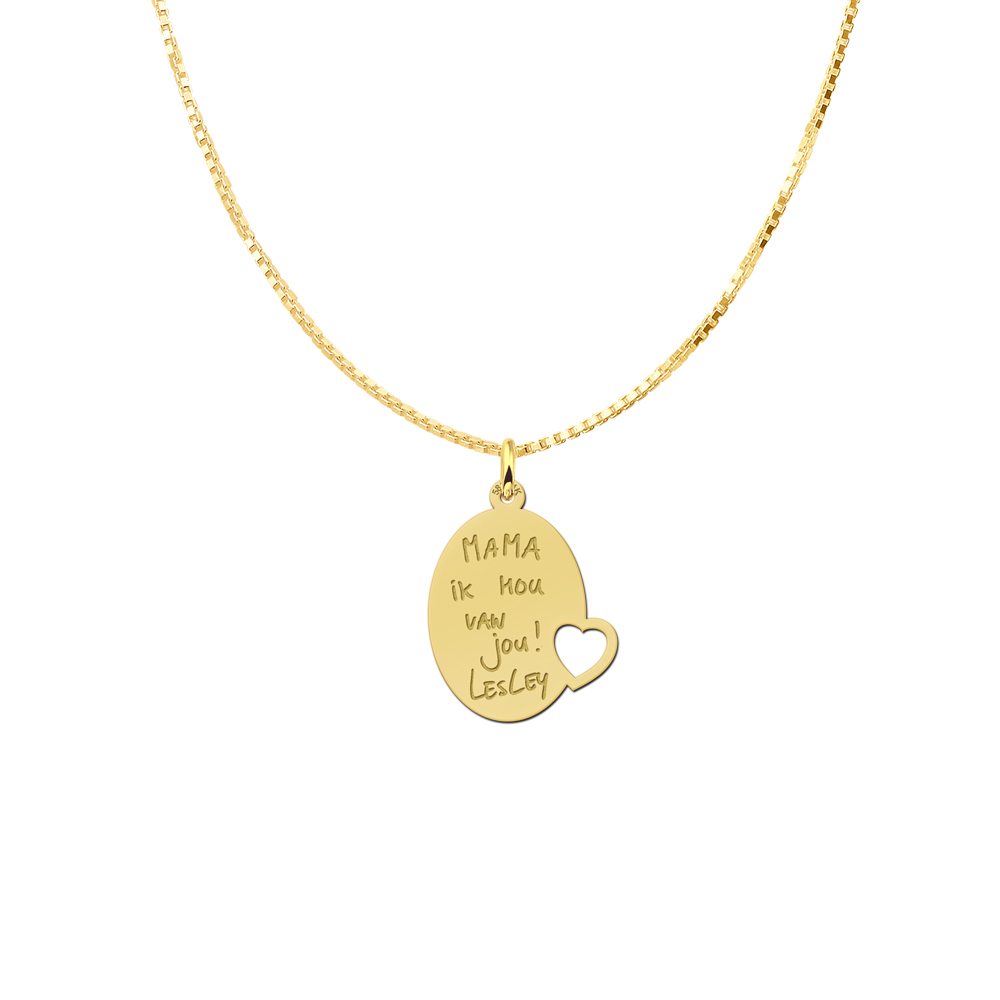 Gold Oval Pendant with Heart Engraved with Text