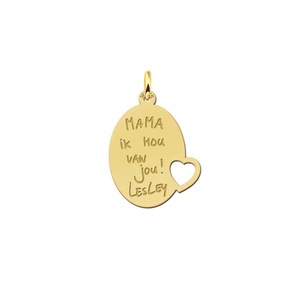 Gold Oval Pendant with Heart Engraved with Text