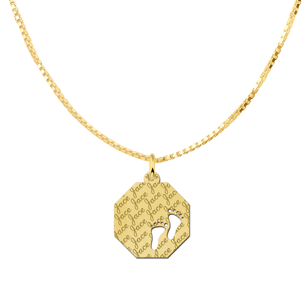 Fully Engraved Gold Octagon Pendant with Babyfeet