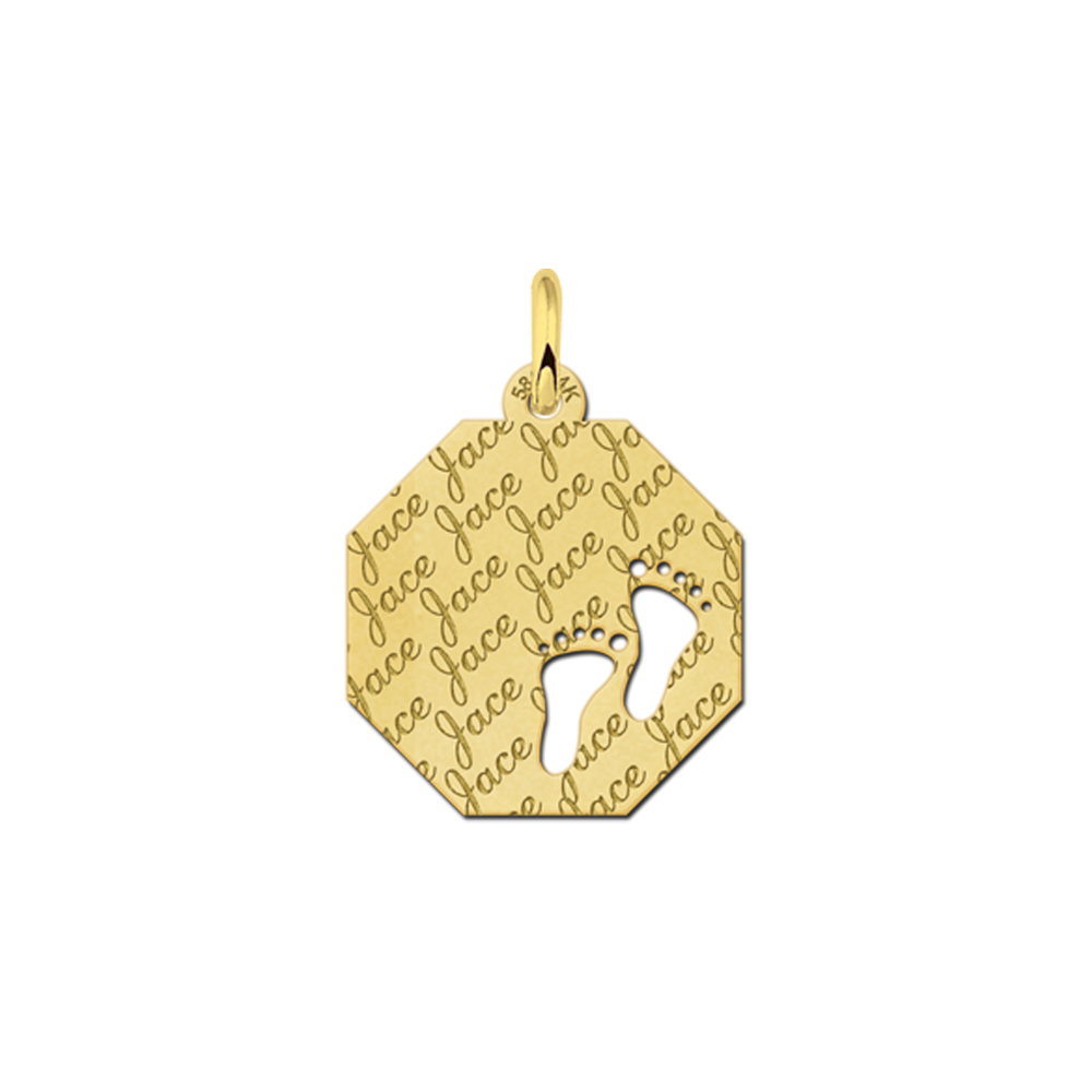 Fully Engraved Gold Octagon Pendant with Babyfeet