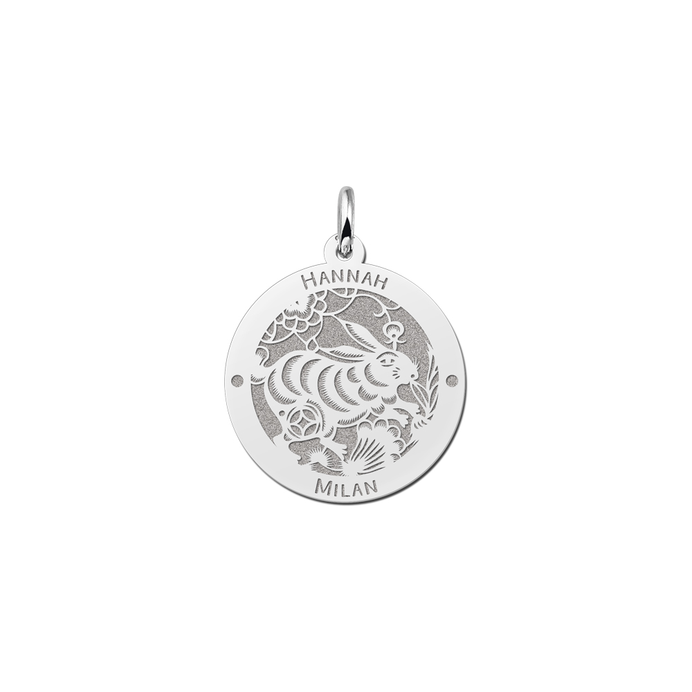 Silver round chinese zodiac pendant rabbit