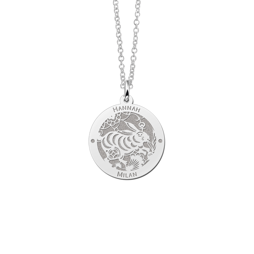 Silver round chinese zodiac pendant rabbit