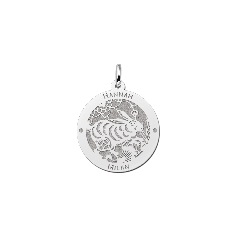 Silver Round Chinese Zodiac Pendant Rabbit with Name Engraving