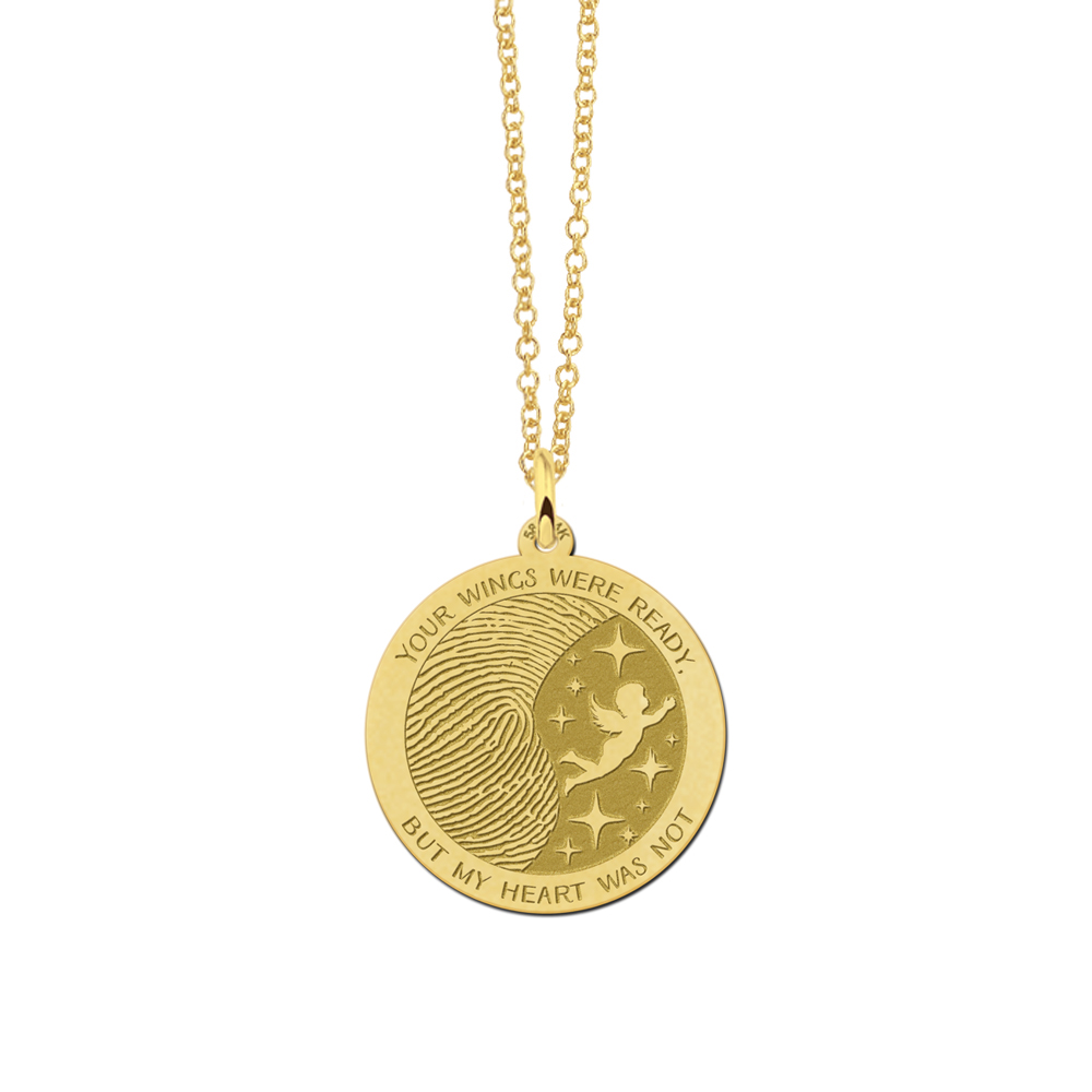 Golden round fingerprint pendant with angel