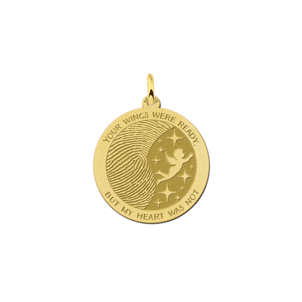 Golden round fingerprint pendant with angel