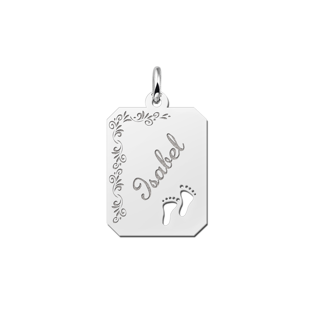 Silver engraved rectangle16 nametag flower design feet