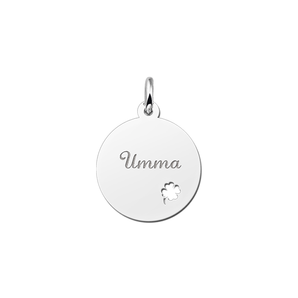 Silver pendant with name and four leaf  clover