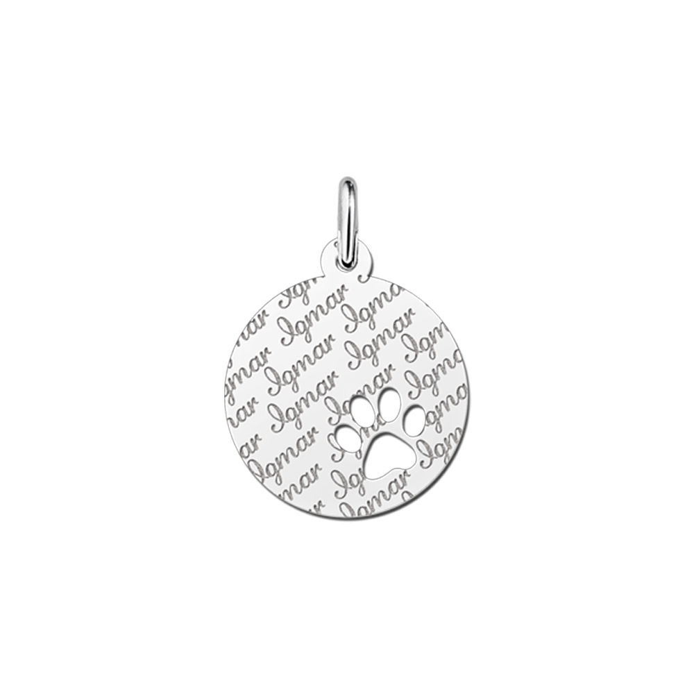 Silver Disc Necklace with Dog Paw, Fully Engraved